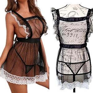 Sexy black & white sheer lace French maid costume lingerie thong set